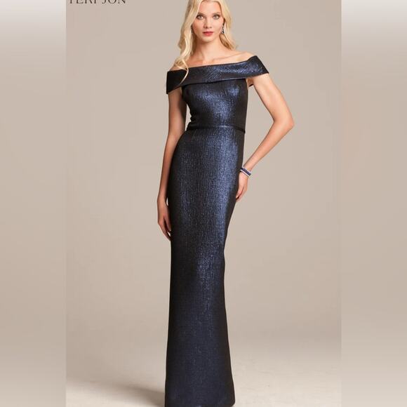 Teri John Ricky Freeman Formal Dress Off the Shoulder Long Size 4 Sapphire Blue - Picture 1 of 16